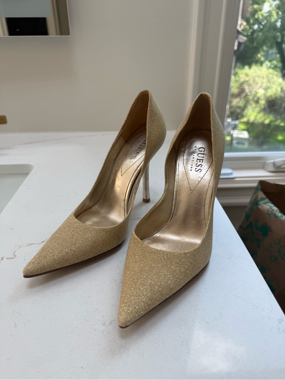 GUESS Gold Glitter Pointed-Toe Stiletto Heels